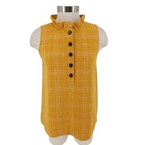 Ann Taylor Shirt Mustard Yellow Plaid Sleeveless Button Ruffle Neck Tank Medium